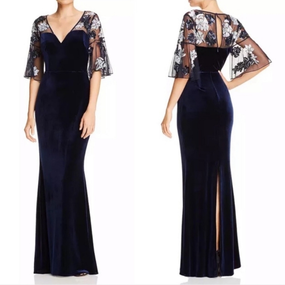 🔥Aidan Mattox Sequin Embroidered Velvet Mermaid Flutter Sleeves